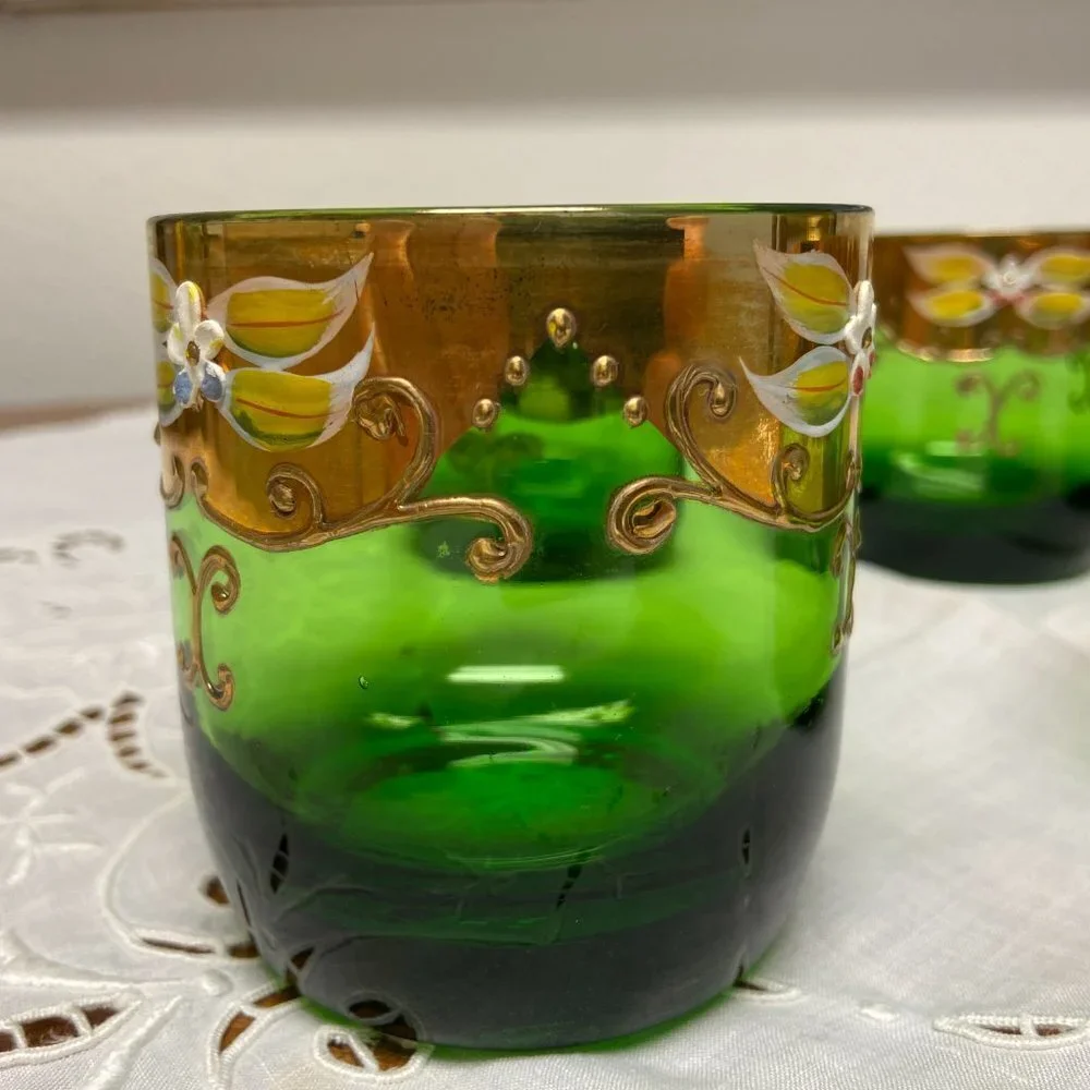 5 VTG Moser Czech Glass Whiskey Green Gold Gilt Enamel Bohemian